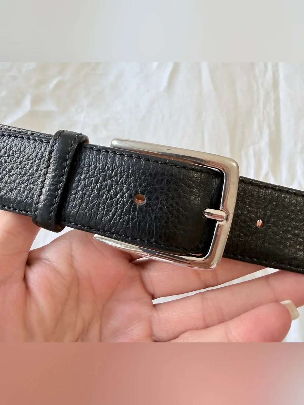 Desanto | Men’s 38 | Black Pebbled Leather Belt Silver Tone Buckle Contemporary